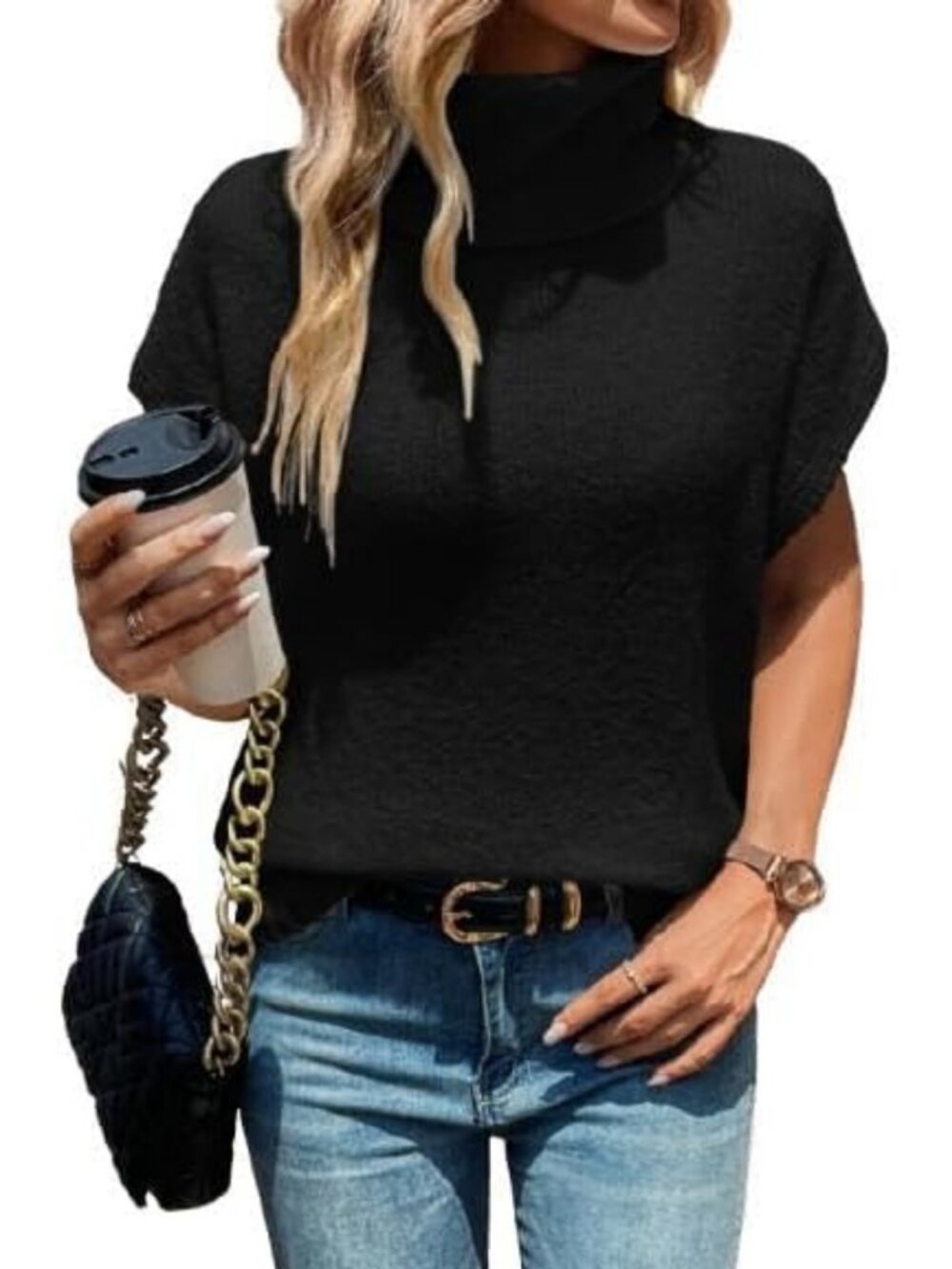 Cozy Turtleneck Cap Sleeve Sweater Vest - Oversized Knit Pullover Top for Women